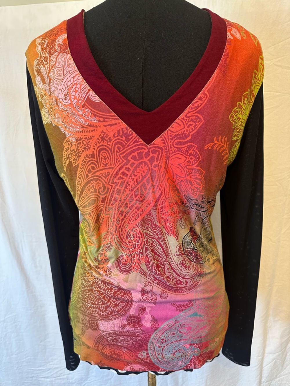 E & C Reversible Tunic Top Mesh Sleeves Paisley Plaid Polka Dot Boho Lagenlook